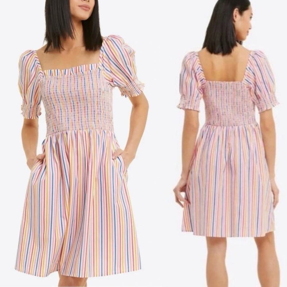 Draper James Cam Smocked Cottagecore Mini Dress Rainbow Striped Size Medium
